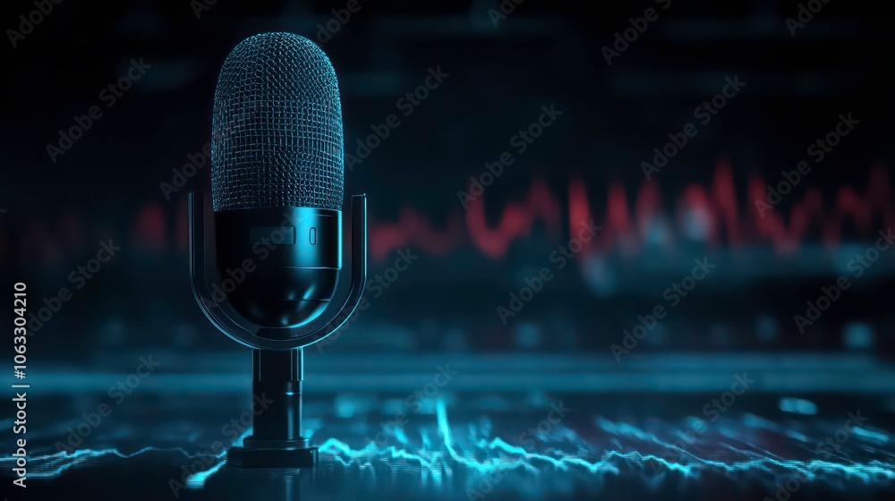 Poster A microphone on a dark background with sound wave visuals, symbolizing audio recording.