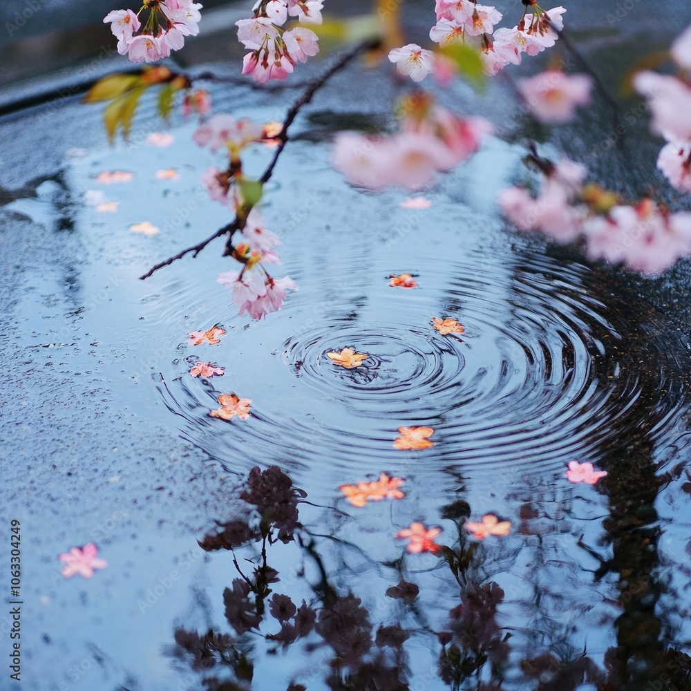 Sticker Spring rain creating ripples in puddles on a blooming street