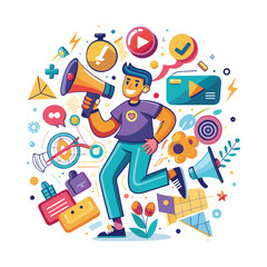 Illustration of a boy holding a large megaphone, surrounded by chaotic social media and digital elements