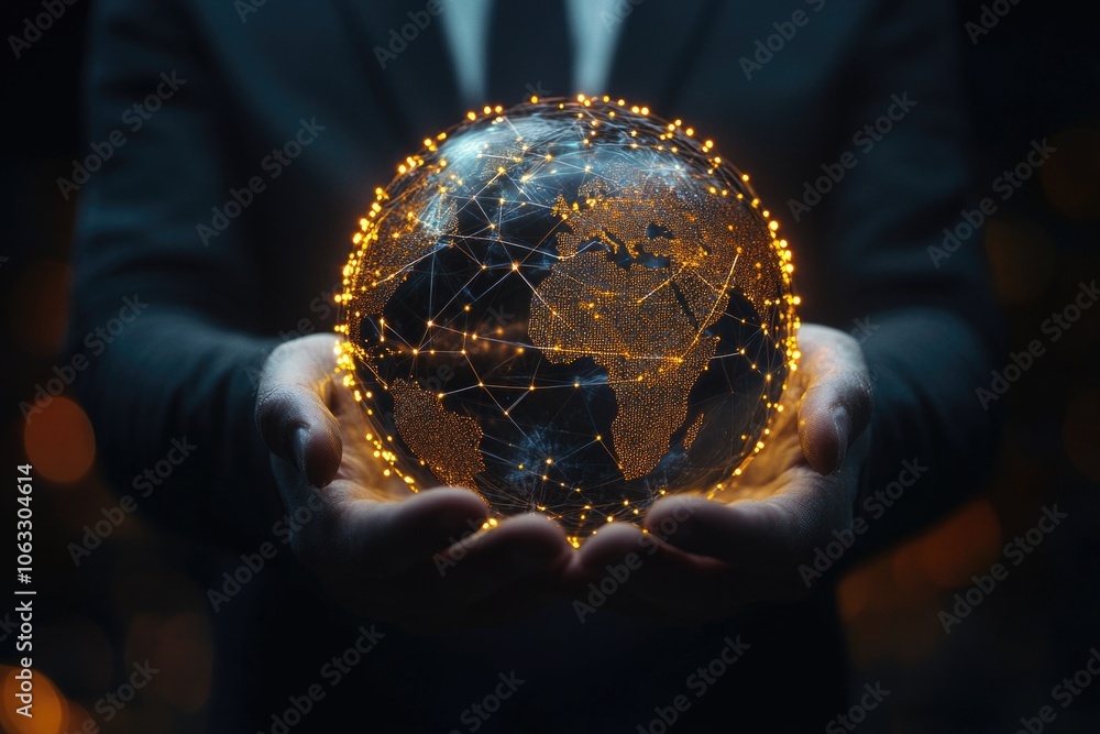 Poster glowing globe of planet with circuits, symbolizing connectivity