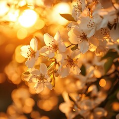 Spring sunrise casting a golden light on blossoming flowers 