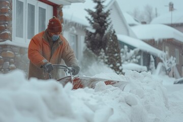 A man using a snowplow to clear the snow on the street.