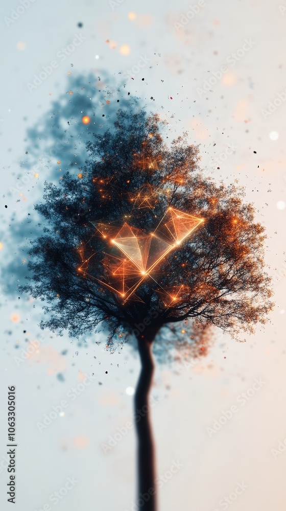 Poster abstract tree with geometric branches and spreading effects
