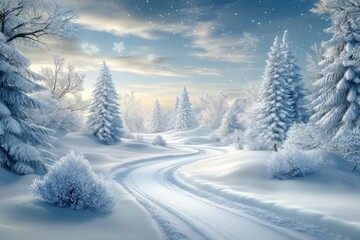 Beautiful winter forest. Winding snow-covered road. All trees and fir trees stand in fluffy snow. Clear frosty day. Fairytale atmosphere. Generated by AI