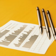 A financial report with bar graphs and pens on a yellow background.