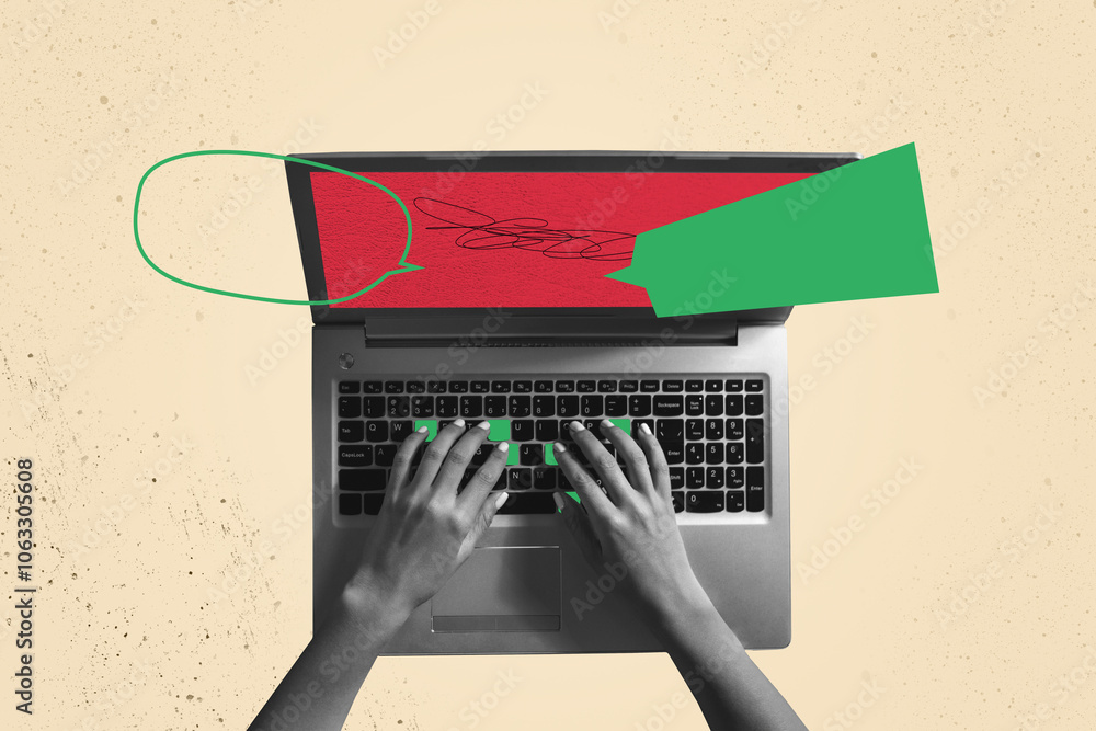 Poster composite trend artwork sketch image photo collage of anonymous hand hold type keys laptop remote jo