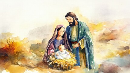 Watercolor painting representing Nativity scene in Bethlehem. Christmas scene illustration showing holy family Joseph Mary and baby Jesus in the manger. © Влада Яковенко