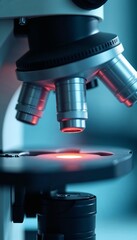 Close-up of a laboratory microscope with illuminated lenses in a scientific setting