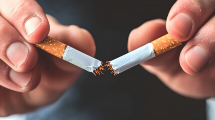 Hand breaking a cigarette in two, symbolizing the powerful act of quitting smoking, showcasing determination and commitment to a healthier lifestyle