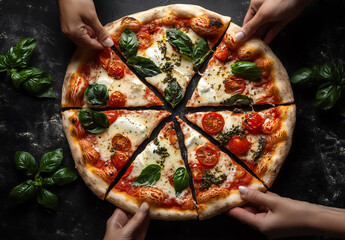 A large pizza topped with melted cheese, basil, and cherry tomatoes, sliced ​​into seven pieces. Hands reach for slices, evoking a cozy dinner with friends.