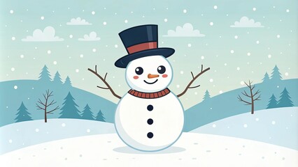 Fototapeta premium A cheerful snowman stands in a winter landscape, adorned with a top hat and scarf, surrounded by snow and distant hills.