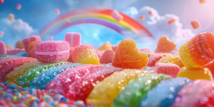 Sweet assortment of candies, gumdrops and rainbow clouds on a light blue sky