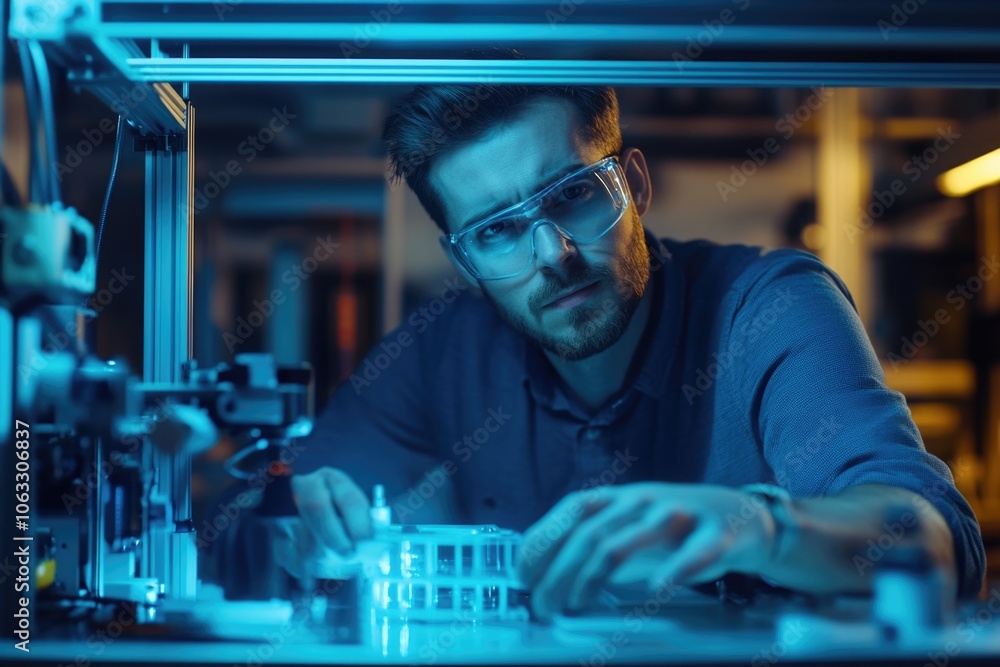 Aufkleber a focused engineer working on robotics and automation machinery in a modern industrial lab.