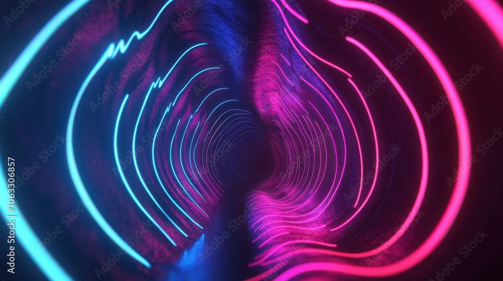 Poster wavy neon line moves endlessly inside the dark tunnel. seamless animated background.