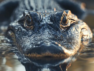Obraz premium Close up of a crocodile's face in water. Concept of danger and power, as the crocodile's eyes are staring directly at the camera