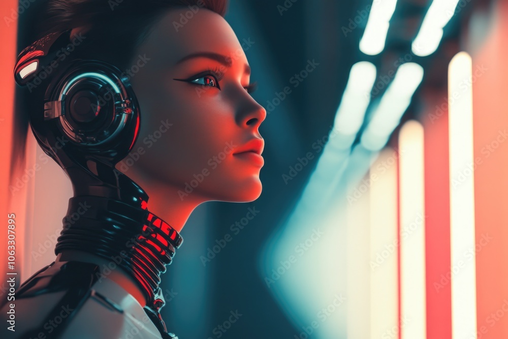 Poster a robot with an advanced design, symbolizing the future of artificial intelligence and human machine