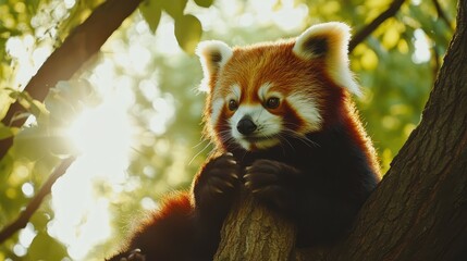 Fototapeta premium Wild red panda sitting on tree branch in the park at summer day
