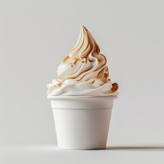 Caramel ice cream in a white paper bowl. Mockup ice cream on white background