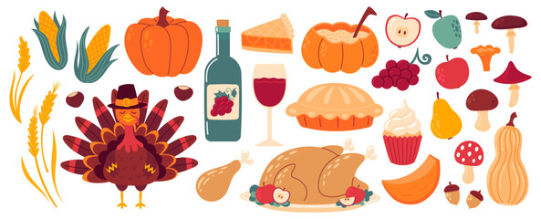 Thanksgiving elements. Autumn holiday, traditional food, harvest festival, pumpkins, turkey and pie, corn, wine, candles, pilgrim hat and harvest. Flat Vector illustration isolated on white background