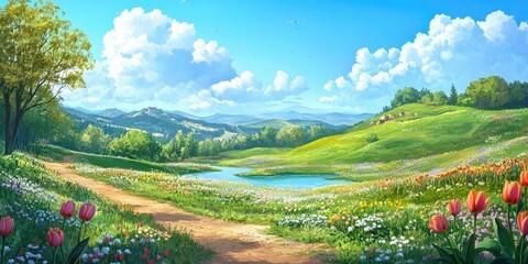 Beautiful spring landscape with green hills, meadows and flowers. Spring background