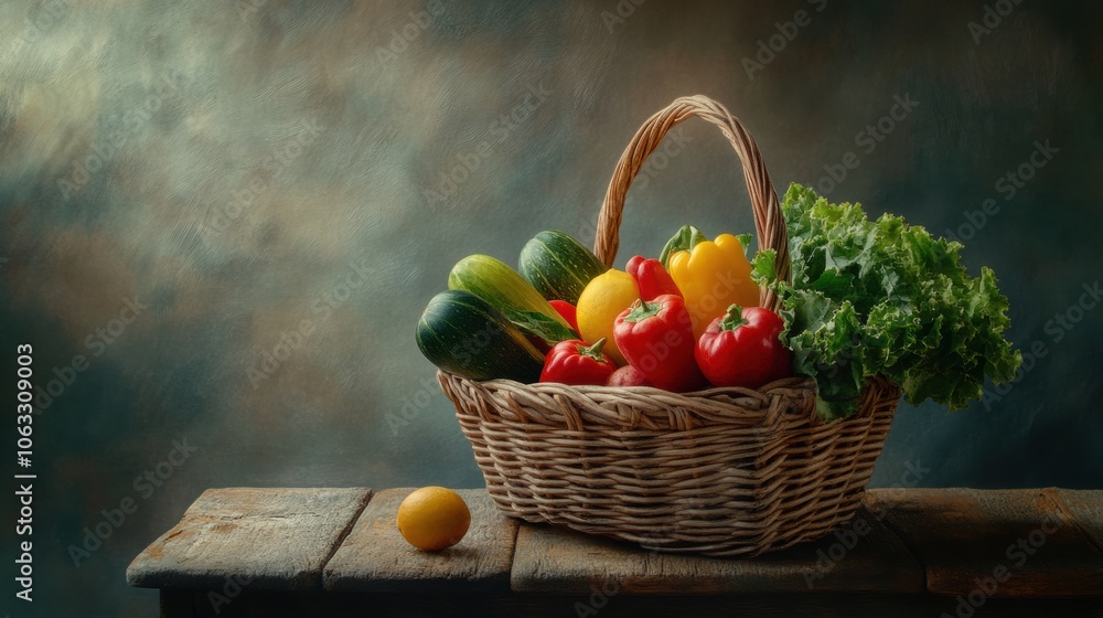 Poster fresh vegetables and fruits are neatly arranged in a wicker basket atop a rustic wooden table, showc