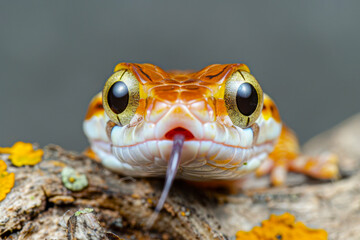 Obraz premium Close up of a snake featuring striking eyes and a flicking tongue against a simple backdrop