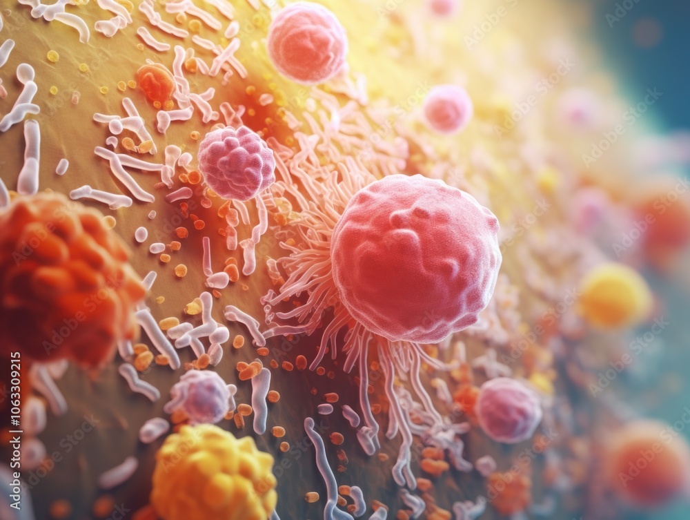Poster close up view of infected cells with various bacterial elements.