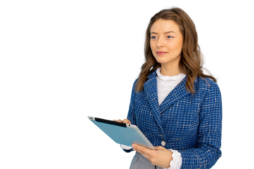 Confident businesswoman analyzing data on her tablet