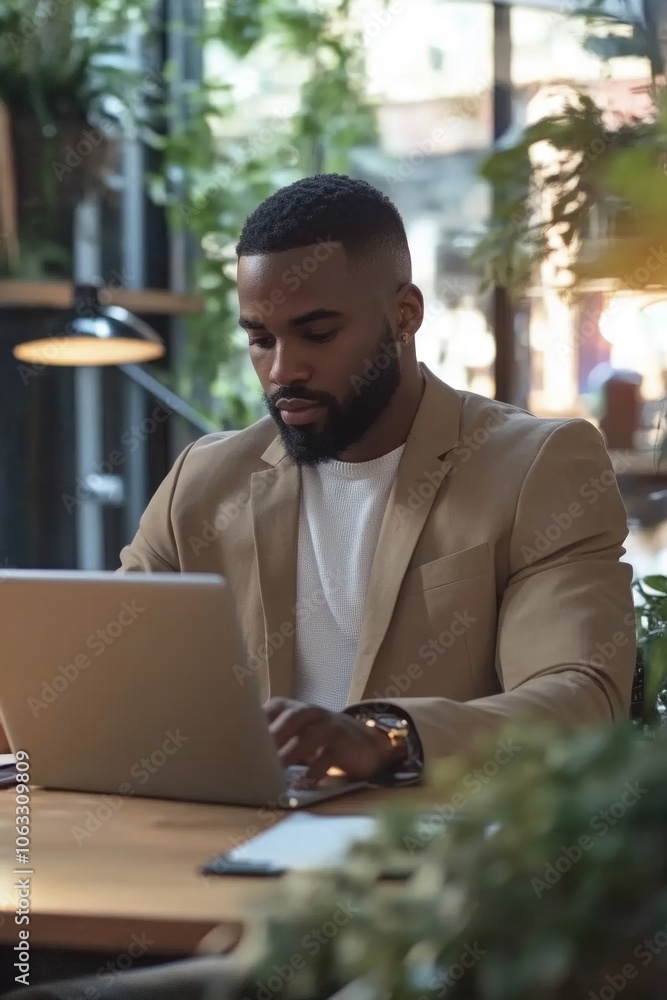 Poster man wearing a tan suit is typing on a laptop computer. he is focused on his work and he is in a prof
