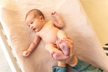 Parent holding in the hands feet of newborn baby. Mom holding baby feet.