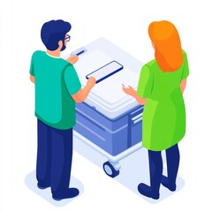 Two people discussing over a medical cart with equipment.