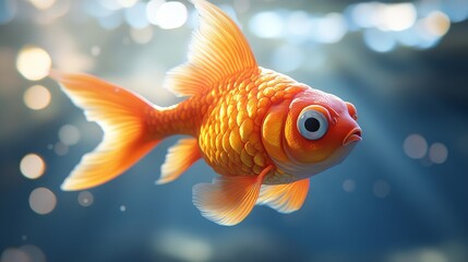 A goldfish is swimming in a tank with a blue background