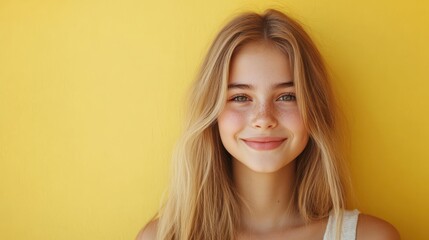 Fototapeta premium Young And Beautiful. Portrait Of Smiling Teen Girl With Natural Blonde Hair Over Yellow Background, Closeup