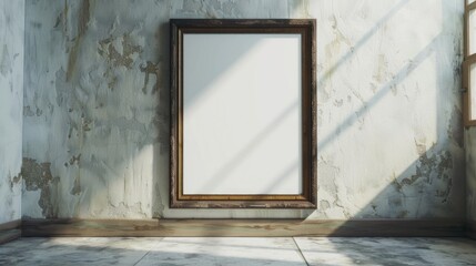 Large, empty frame sits on a concrete floor in a room with a wall. The frame is wooden and has a white background. The room is dimly lit, with a window letting in a small amount of sunlight