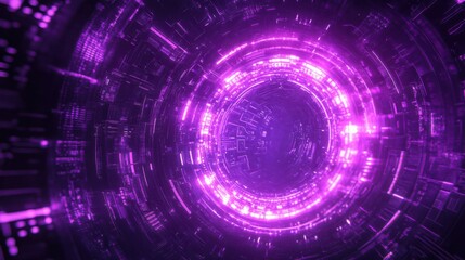 Fototapeta premium Neon Glowing Purple Portal Door with Mechanical Details, Futuristic Time Travel Concept, Sci-Fi Interface on Dark Background, Ultraviolet Light, Cyberpunk Technology Forward