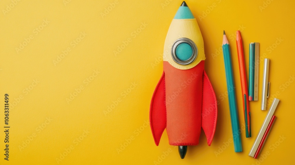 Poster rocket is sitting on a yellow background with a pencil and a box of crayons. the rocket is made of f