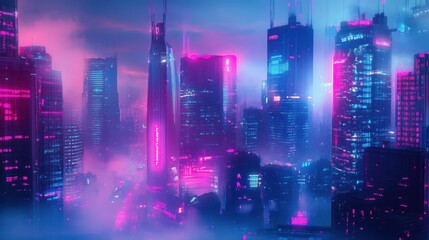 Obraz premium Neon Pink and Blue Cyberpunk Cityscape at Night with Skyscrapers, Futuristic Urban Setting, Misty Streets, Sci-Fi Mood, Technological Utopia Concept