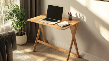 A foldable desk neatly set up in a small apartment, with a laptop, notebook, and minimalist decor, emphasizing space-saving functionality