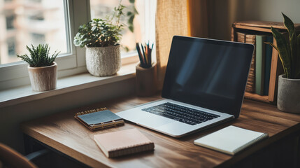 Fototapeta premium A foldable desk neatly set up in a small apartment, with a laptop, notebook, and minimalist decor, emphasizing space-saving functionality