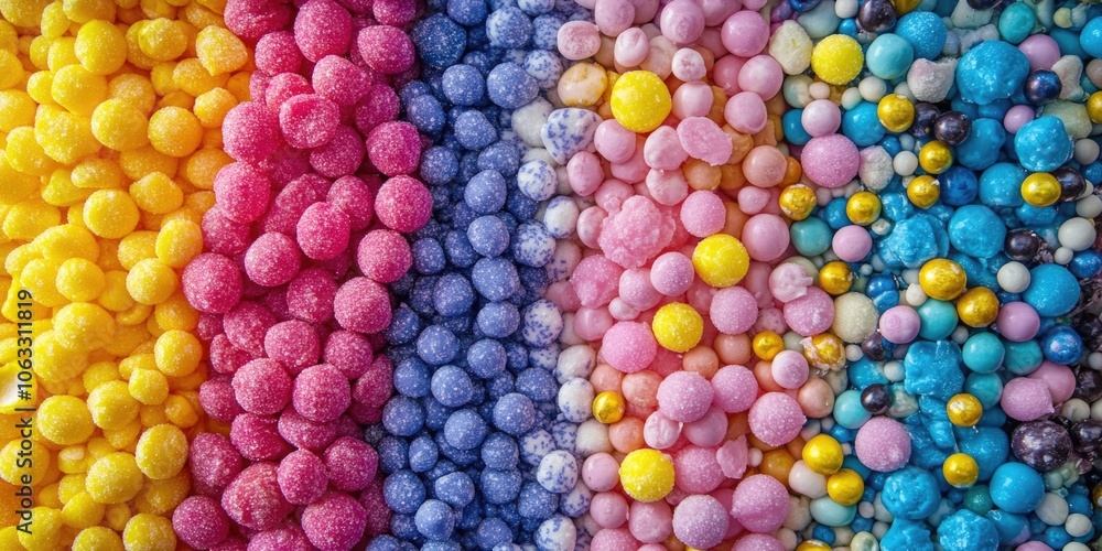 Poster colorful assortment of candy with a rainbow of colors. the candy is in various shapes and sizes, and