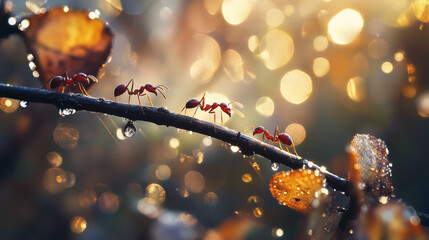A macro view of three red ants navigating a branch, with droplets of morning dew sparkling on the leaves nearby, capturing the beauty of nature in detail