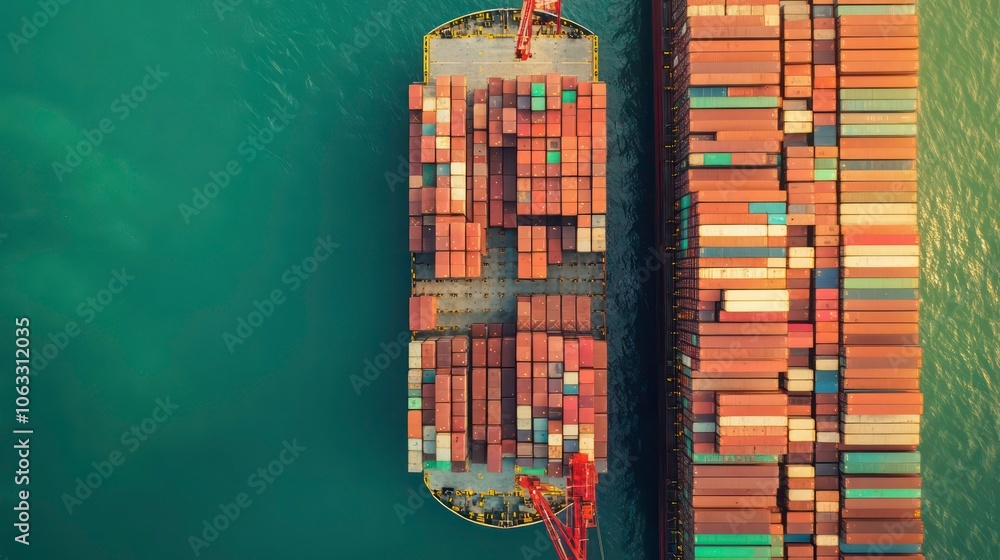 Poster aerial view of a cargo ship loaded with containers at a port.
