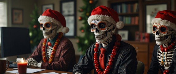 Skeletons in Suits:  A trio of skeletons in Santa hats, dressed in business attire, sit at a desk for a humorous, spooky Christmas scene.  The image evokes the feeling of a corporate office.