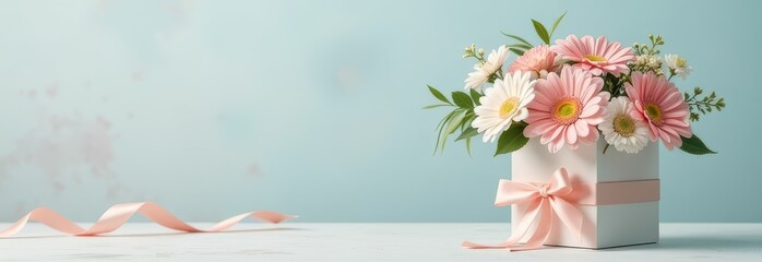 Delicate bouquet flowers beautifully arranged in a chic box, wonderful gift for Valentine's Day, birthdays and Mother's Day.