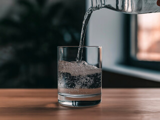 Pouring Sparkling Water into Glass on Wooden Table in Cozy Setting
