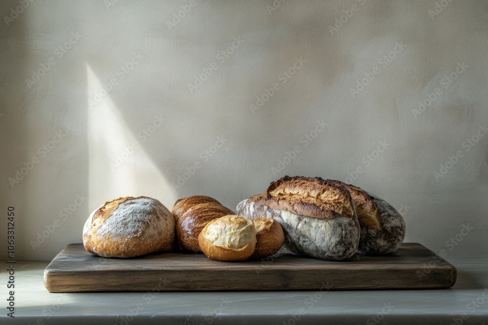 Poster An inviting display of assorted freshly baked bread and pastries on a rustic wooden board, highlighting their warm and inviting textures. Generative AI