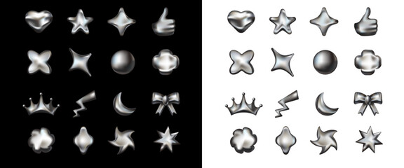 Chrome inspired figures with aluminum and steel textures, featuring cosmic shapes such as spheres, moons, and hearts, perfect for a space themed style.