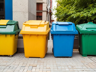 Street with garbage bins with waste for recycling, recyclable materials.