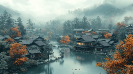 Fototapeta premium A tranquil village nestled amidst a misty mountain landscape, with a winding river flowing through it and traditional houses with warm lighting.