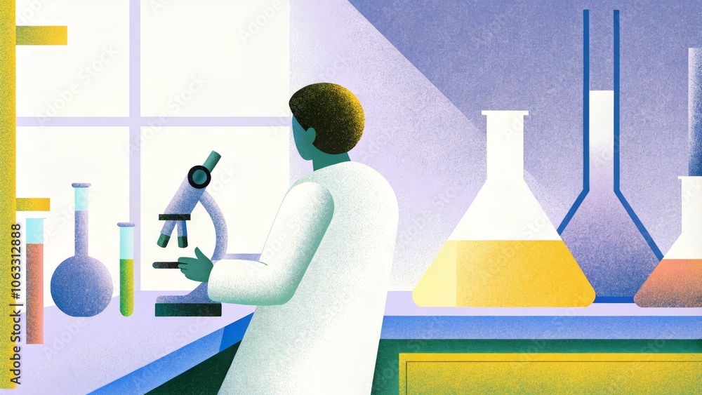 Poster scientist analyzing in modern lab with microscope and colorful glassware